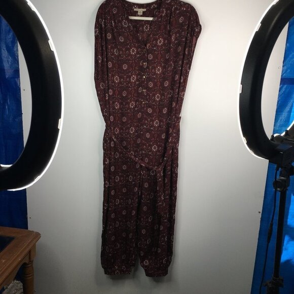Cozy Casual Burgundy Print Jumpsuit Button Down - Picture 1 of 9